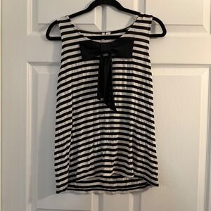 ELLE Striped Tank Top Black White Large Bow Front Nautical Parisian Casual‎
